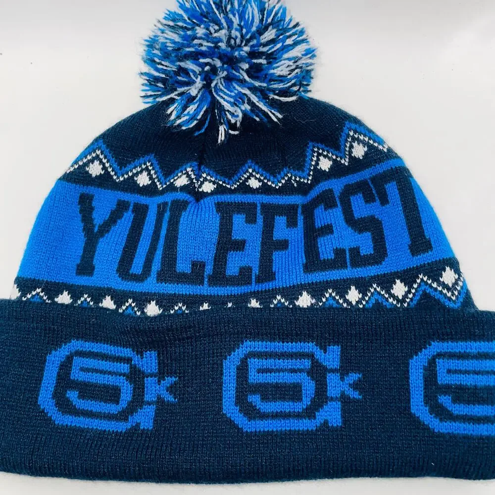 Cambridge 5K Yulefest Beanie Hat Blue Pom Winter Race Knit Men Women One Size